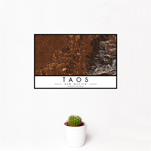12x18 Taos New Mexico Map Print Landscape Orientation in Ember Style With Small Cactus Plant in White Planter