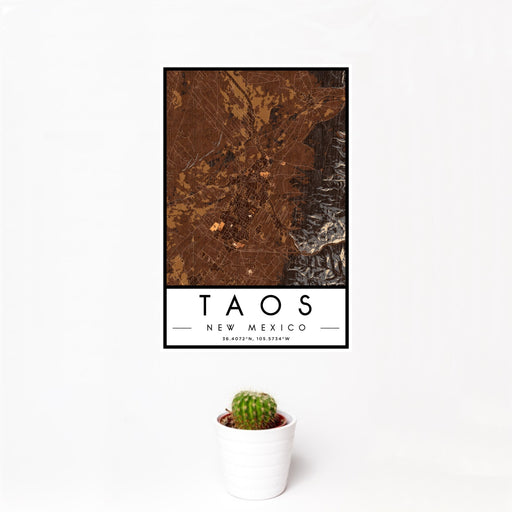 12x18 Taos New Mexico Map Print Portrait Orientation in Ember Style With Small Cactus Plant in White Planter
