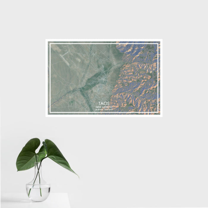 16x24 Taos New Mexico Map Print Landscape Orientation in Afternoon Style With Tropical Plant Leaves in Water