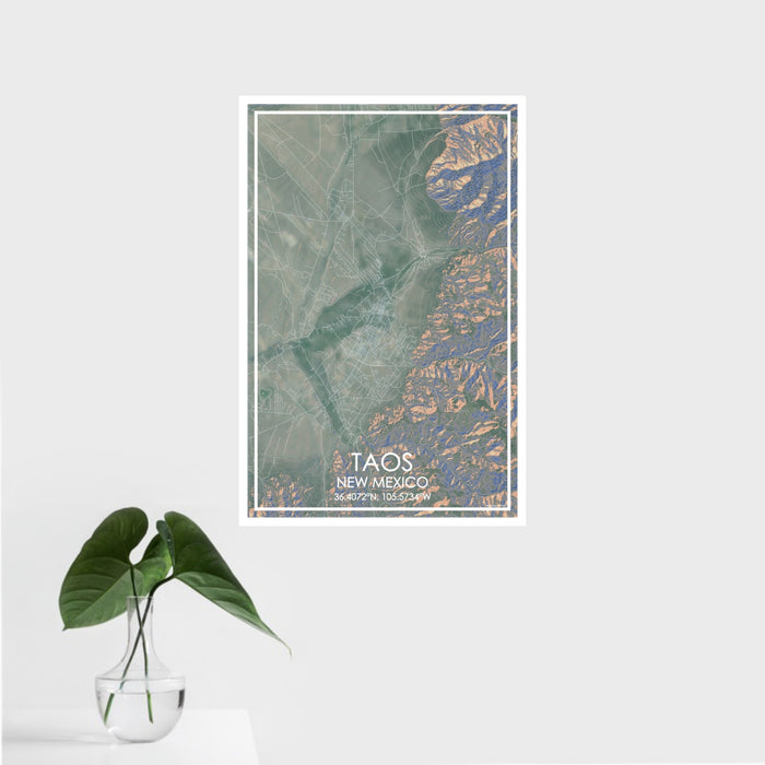 16x24 Taos New Mexico Map Print Portrait Orientation in Afternoon Style With Tropical Plant Leaves in Water