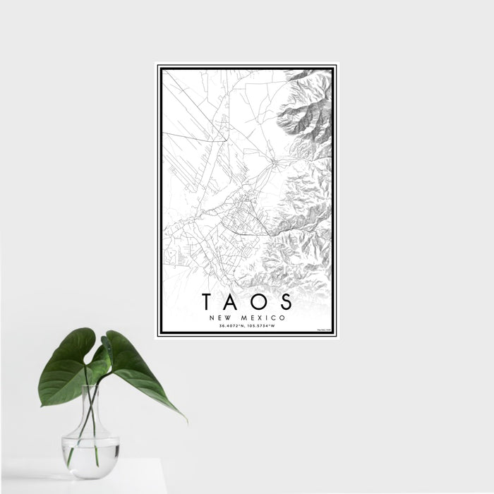16x24 Taos New Mexico Map Print Portrait Orientation in Classic Style With Tropical Plant Leaves in Water