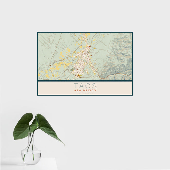 16x24 Taos New Mexico Map Print Landscape Orientation in Woodblock Style With Tropical Plant Leaves in Water