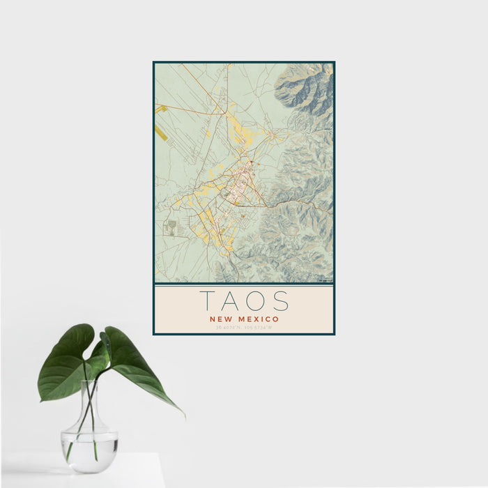 16x24 Taos New Mexico Map Print Portrait Orientation in Woodblock Style With Tropical Plant Leaves in Water