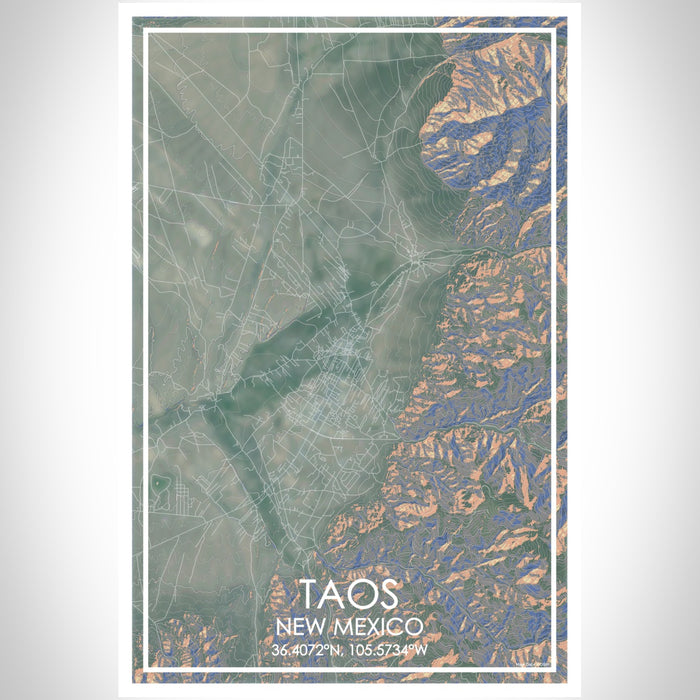 Taos New Mexico Map Print Portrait Orientation in Afternoon Style With Shaded Background