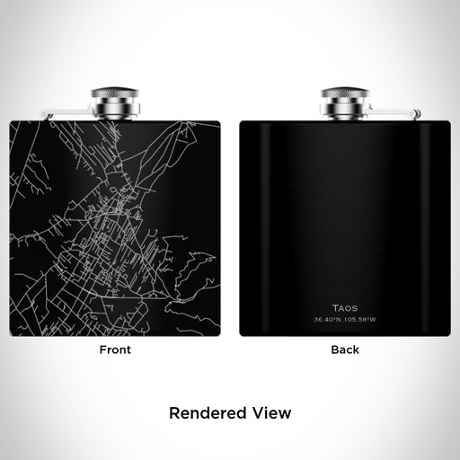 Rendered View of Taos New Mexico Map Engraving on 6oz Stainless Steel Flask in Black