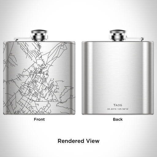 Rendered View of Taos New Mexico Map Engraving on 6oz Stainless Steel Flask