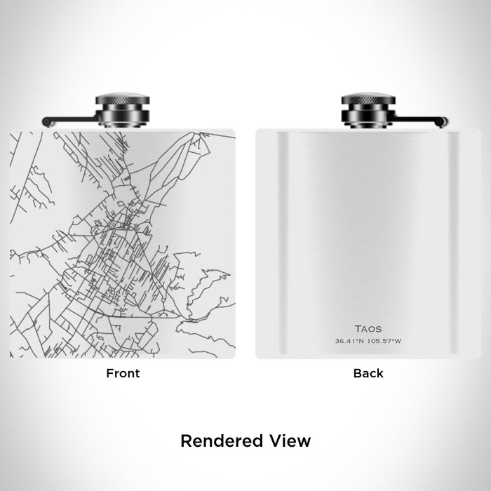 Rendered View of Taos New Mexico Map Engraving on 6oz Stainless Steel Flask in White