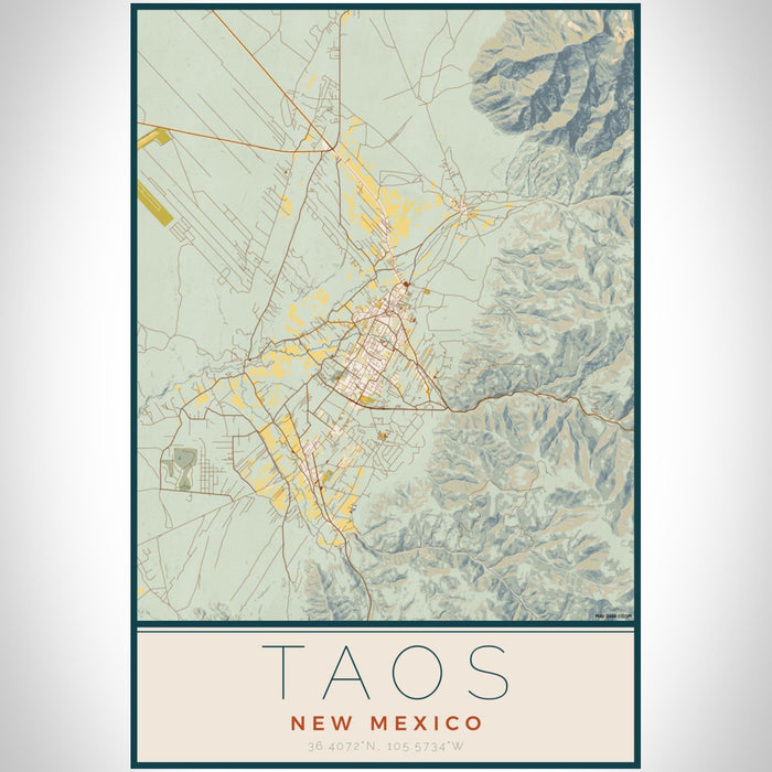 Taos New Mexico Map Print Portrait Orientation in Woodblock Style With Shaded Background