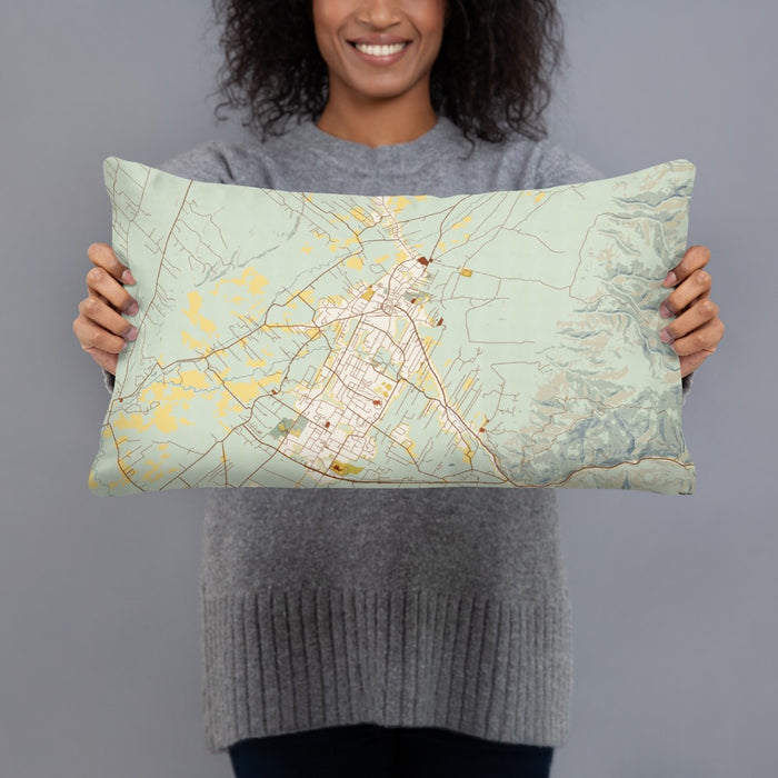 Person holding 20x12 Custom Taos New Mexico Map Throw Pillow in Woodblock