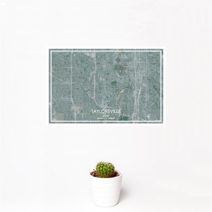 12x18 Taylorsville Utah Map Print Landscape Orientation in Afternoon Style With Small Cactus Plant in White Planter