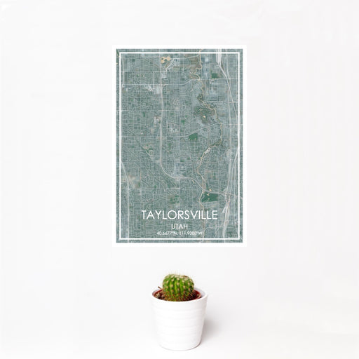 12x18 Taylorsville Utah Map Print Portrait Orientation in Afternoon Style With Small Cactus Plant in White Planter