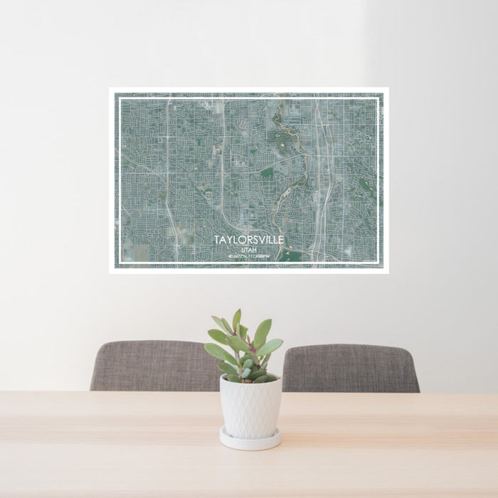 24x36 Taylorsville Utah Map Print Lanscape Orientation in Afternoon Style Behind 2 Chairs Table and Potted Plant