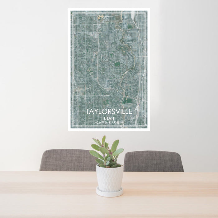 24x36 Taylorsville Utah Map Print Portrait Orientation in Afternoon Style Behind 2 Chairs Table and Potted Plant