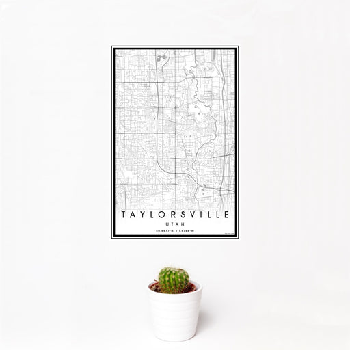 12x18 Taylorsville Utah Map Print Portrait Orientation in Classic Style With Small Cactus Plant in White Planter