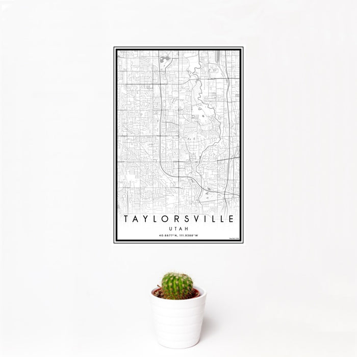 12x18 Taylorsville Utah Map Print Portrait Orientation in Classic Style With Small Cactus Plant in White Planter