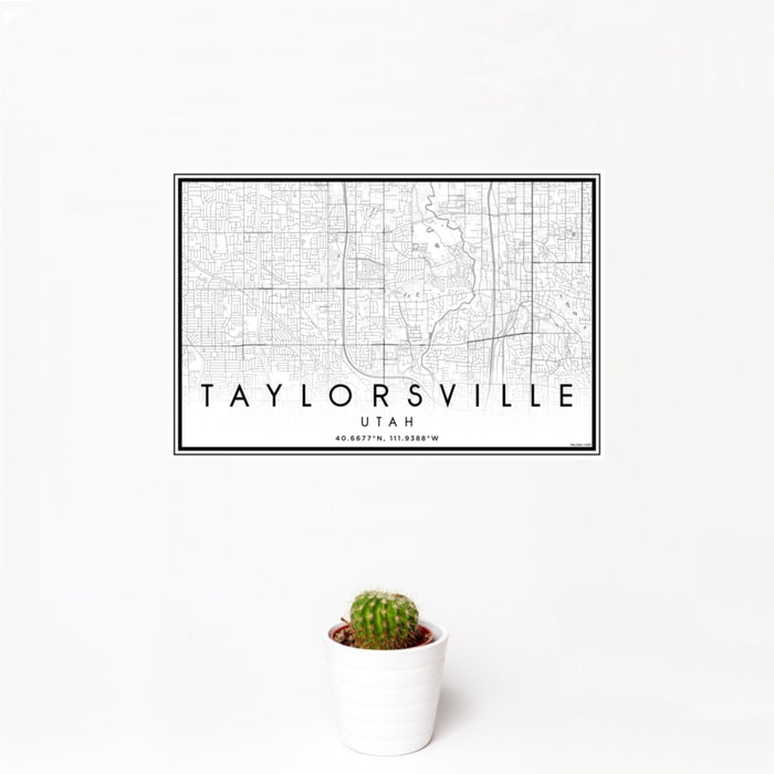 12x18 Taylorsville Utah Map Print Landscape Orientation in Classic Style With Small Cactus Plant in White Planter