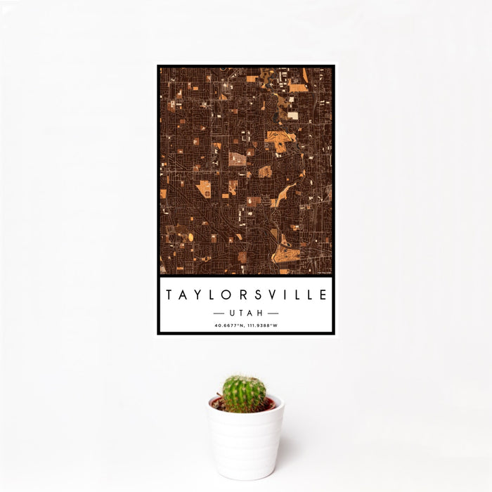 12x18 Taylorsville Utah Map Print Portrait Orientation in Ember Style With Small Cactus Plant in White Planter