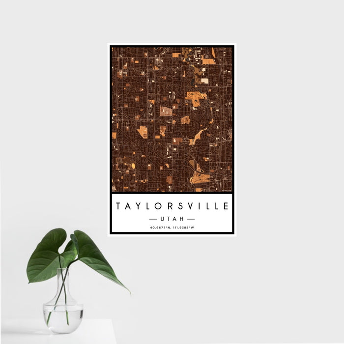 16x24 Taylorsville Utah Map Print Portrait Orientation in Ember Style With Tropical Plant Leaves in Water