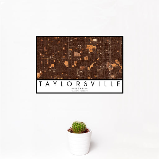 12x18 Taylorsville Utah Map Print Landscape Orientation in Ember Style With Small Cactus Plant in White Planter