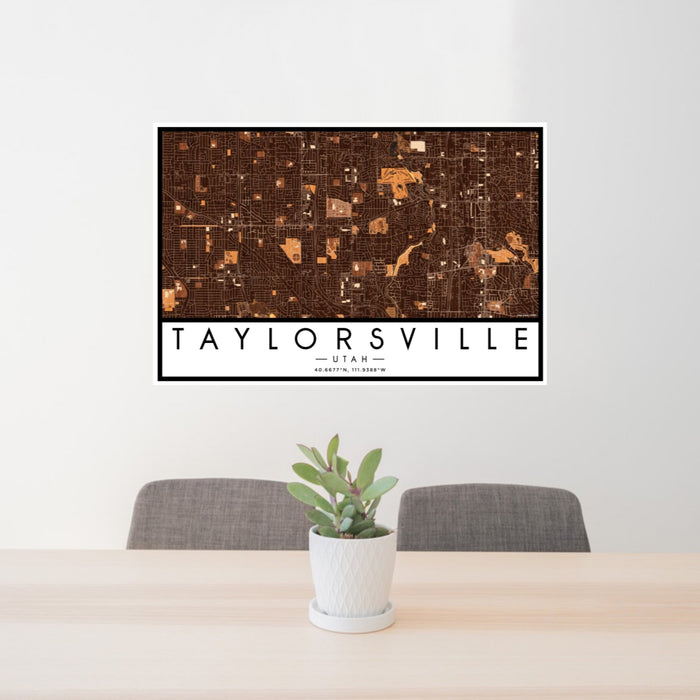 24x36 Taylorsville Utah Map Print Landscape Orientation in Ember Style Behind 2 Chairs Table and Potted Plant