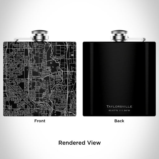 Rendered View of Taylorsville Utah Map Engraving on 6oz Stainless Steel Flask in Black