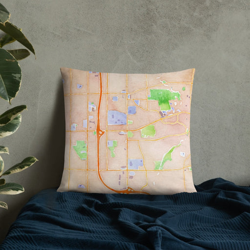 Custom Taylorsville Utah Map Throw Pillow in Watercolor on Bedding Against Wall