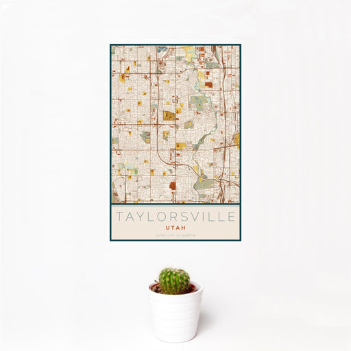 12x18 Taylorsville Utah Map Print Portrait Orientation in Woodblock Style With Small Cactus Plant in White Planter