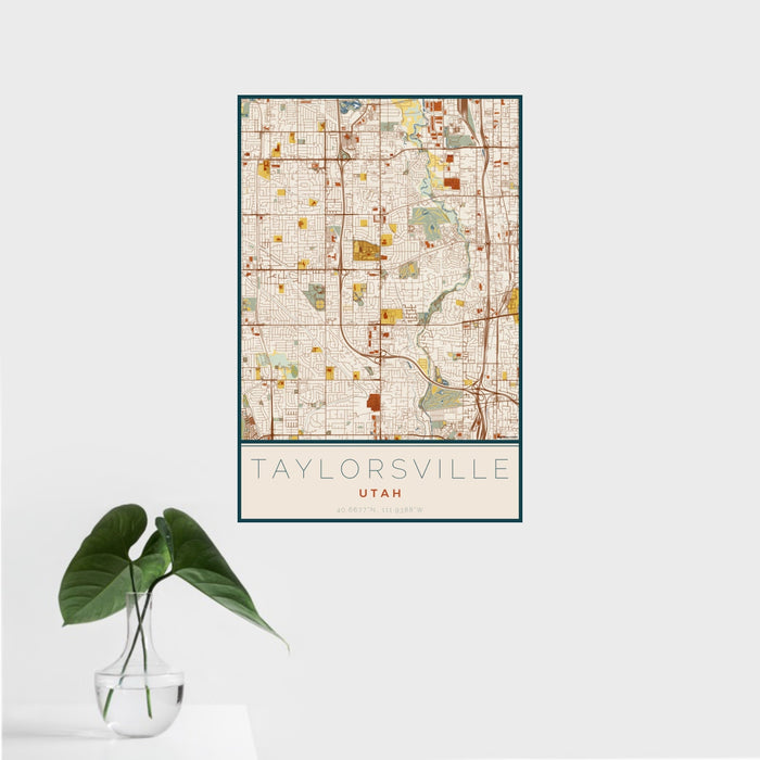 16x24 Taylorsville Utah Map Print Portrait Orientation in Woodblock Style With Tropical Plant Leaves in Water