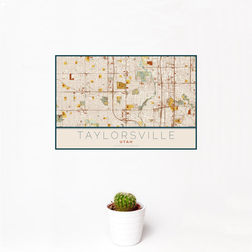 12x18 Taylorsville Utah Map Print Landscape Orientation in Woodblock Style With Small Cactus Plant in White Planter