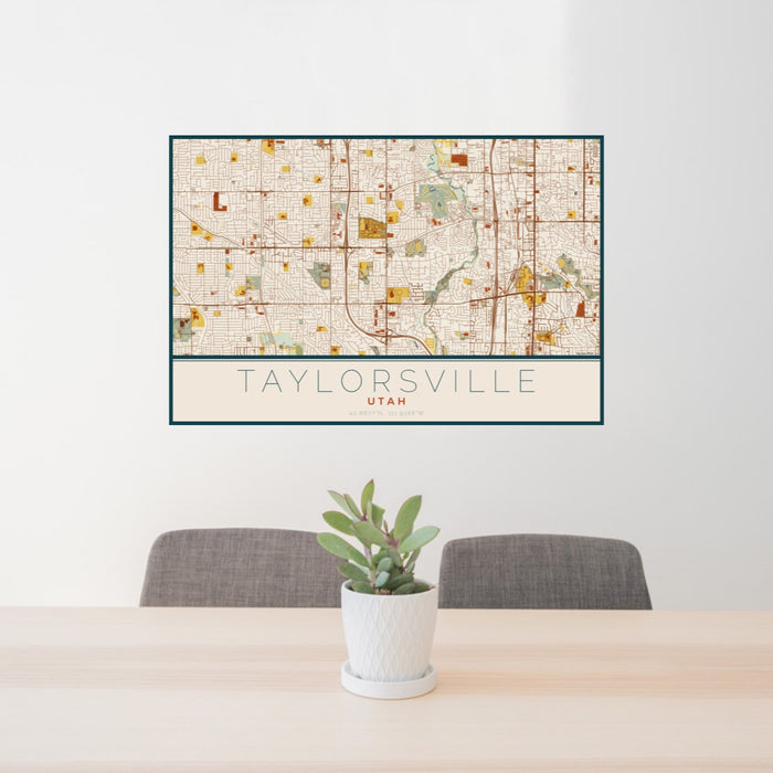 24x36 Taylorsville Utah Map Print Landscape Orientation in Woodblock Style Behind 2 Chairs Table and Potted Plant