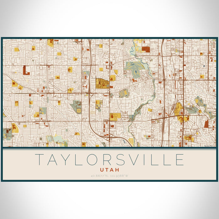 Taylorsville Utah Map Print Landscape Orientation in Woodblock Style With Shaded Background