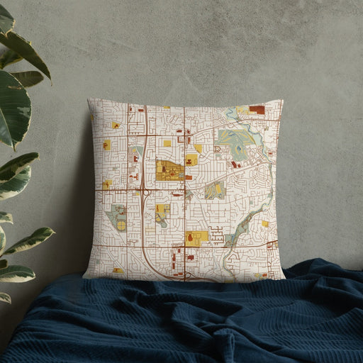 Custom Taylorsville Utah Map Throw Pillow in Woodblock on Bedding Against Wall