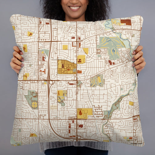 Person holding 22x22 Custom Taylorsville Utah Map Throw Pillow in Woodblock