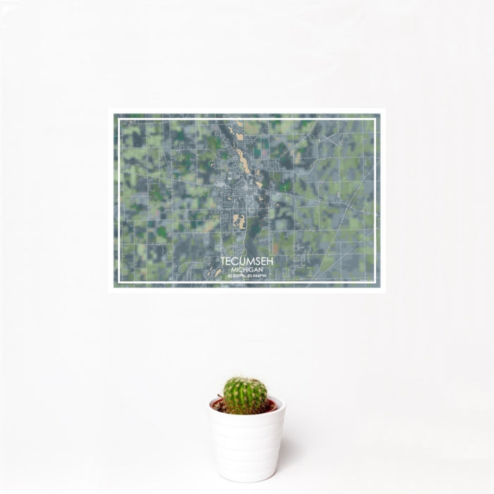 12x18 Tecumseh Michigan Map Print Landscape Orientation in Afternoon Style With Small Cactus Plant in White Planter