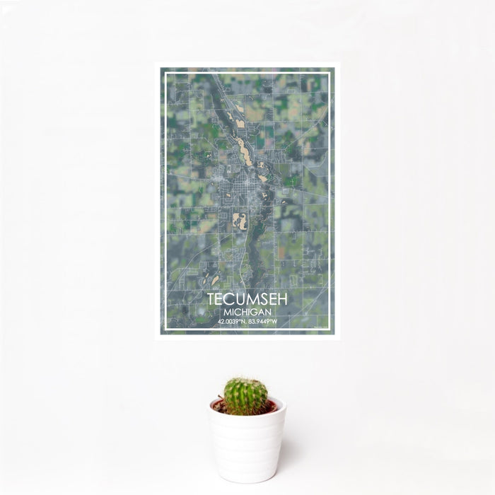 12x18 Tecumseh Michigan Map Print Portrait Orientation in Afternoon Style With Small Cactus Plant in White Planter