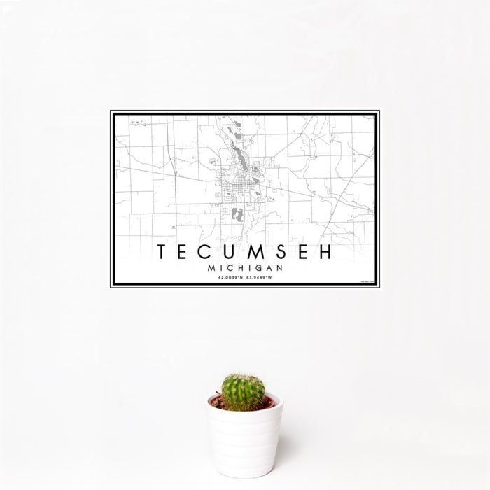 12x18 Tecumseh Michigan Map Print Landscape Orientation in Classic Style With Small Cactus Plant in White Planter