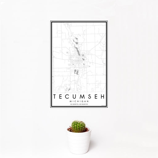 12x18 Tecumseh Michigan Map Print Portrait Orientation in Classic Style With Small Cactus Plant in White Planter