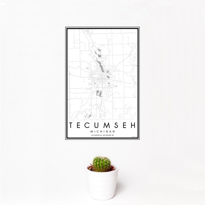 12x18 Tecumseh Michigan Map Print Portrait Orientation in Classic Style With Small Cactus Plant in White Planter