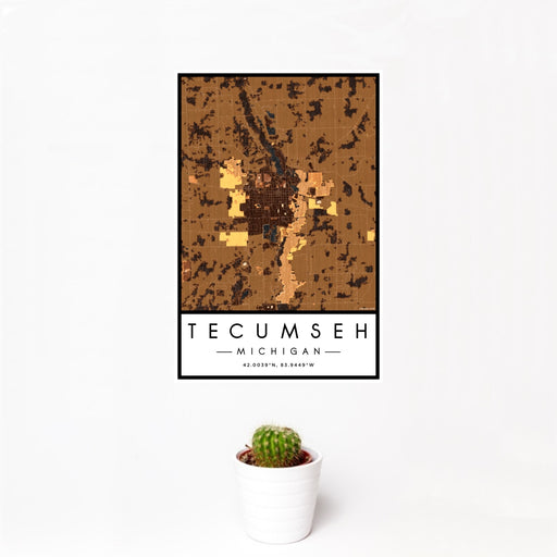 12x18 Tecumseh Michigan Map Print Portrait Orientation in Ember Style With Small Cactus Plant in White Planter