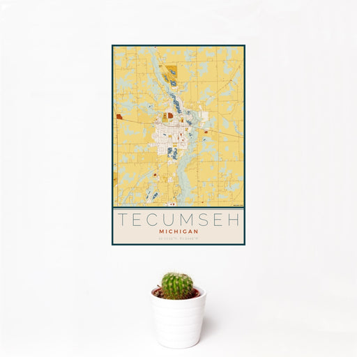 12x18 Tecumseh Michigan Map Print Portrait Orientation in Woodblock Style With Small Cactus Plant in White Planter