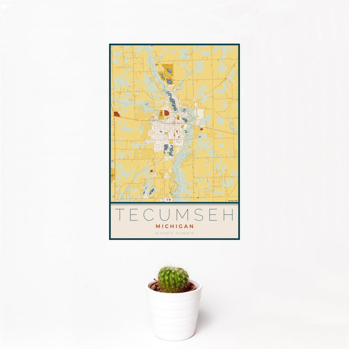 12x18 Tecumseh Michigan Map Print Portrait Orientation in Woodblock Style With Small Cactus Plant in White Planter