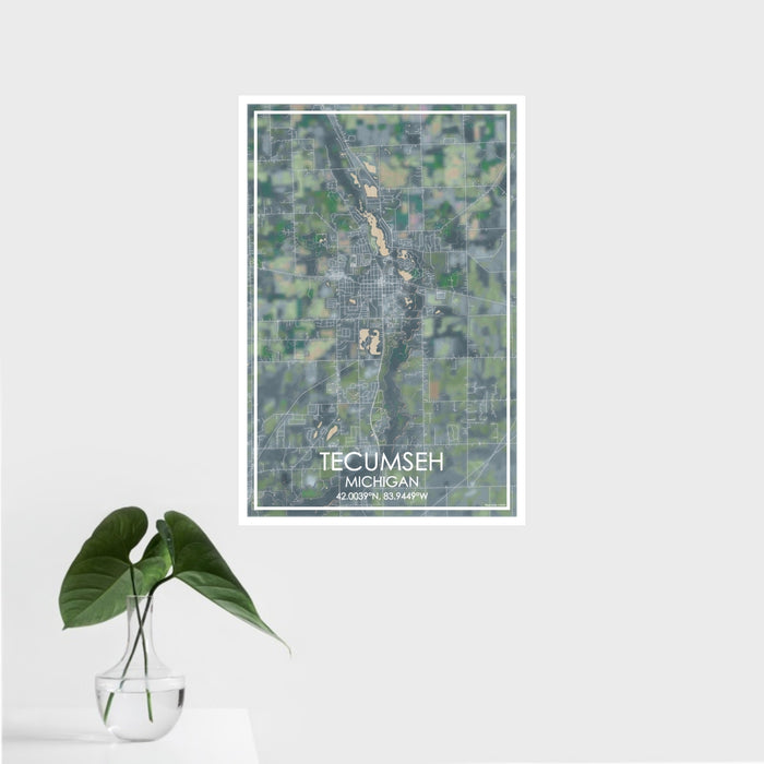 16x24 Tecumseh Michigan Map Print Portrait Orientation in Afternoon Style With Tropical Plant Leaves in Water