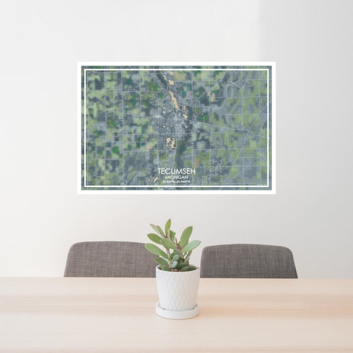 24x36 Tecumseh Michigan Map Print Lanscape Orientation in Afternoon Style Behind 2 Chairs Table and Potted Plant