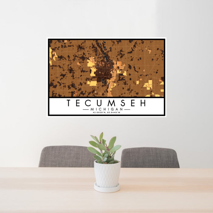 24x36 Tecumseh Michigan Map Print Lanscape Orientation in Ember Style Behind 2 Chairs Table and Potted Plant