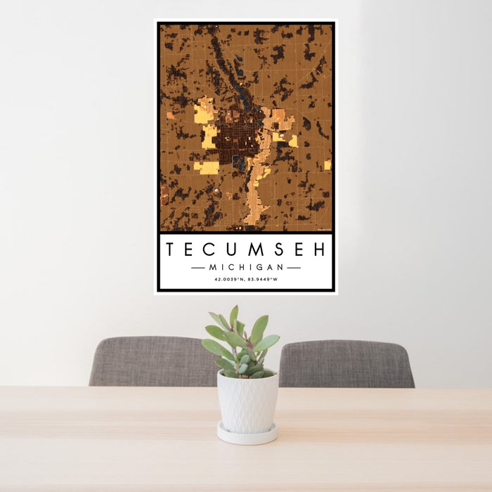 24x36 Tecumseh Michigan Map Print Portrait Orientation in Ember Style Behind 2 Chairs Table and Potted Plant
