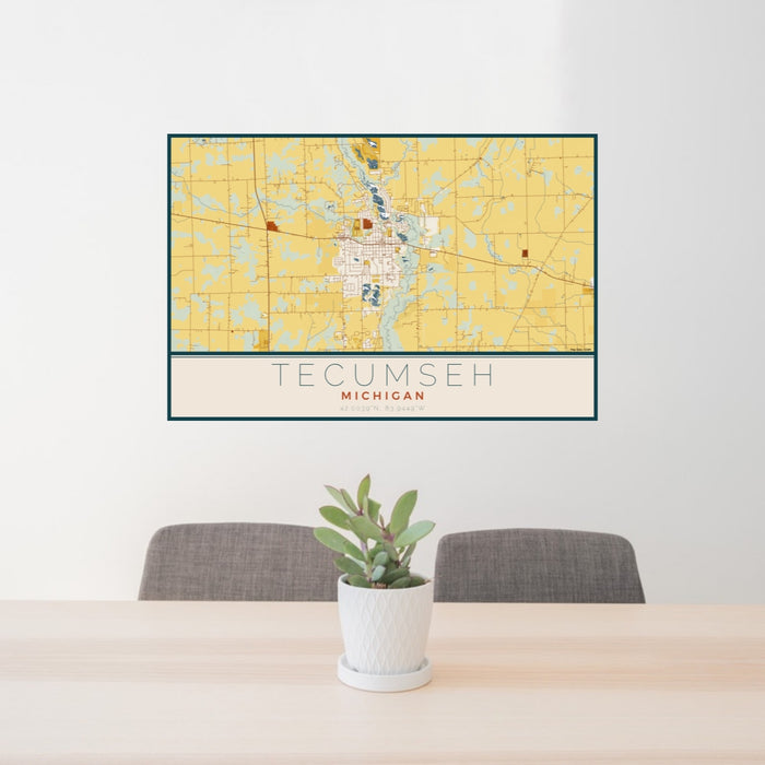 24x36 Tecumseh Michigan Map Print Lanscape Orientation in Woodblock Style Behind 2 Chairs Table and Potted Plant