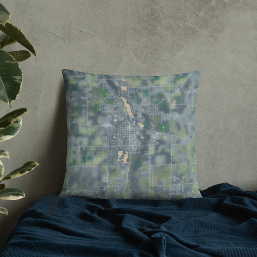 Custom Tecumseh Michigan Map Throw Pillow in Afternoon on Bedding Against Wall