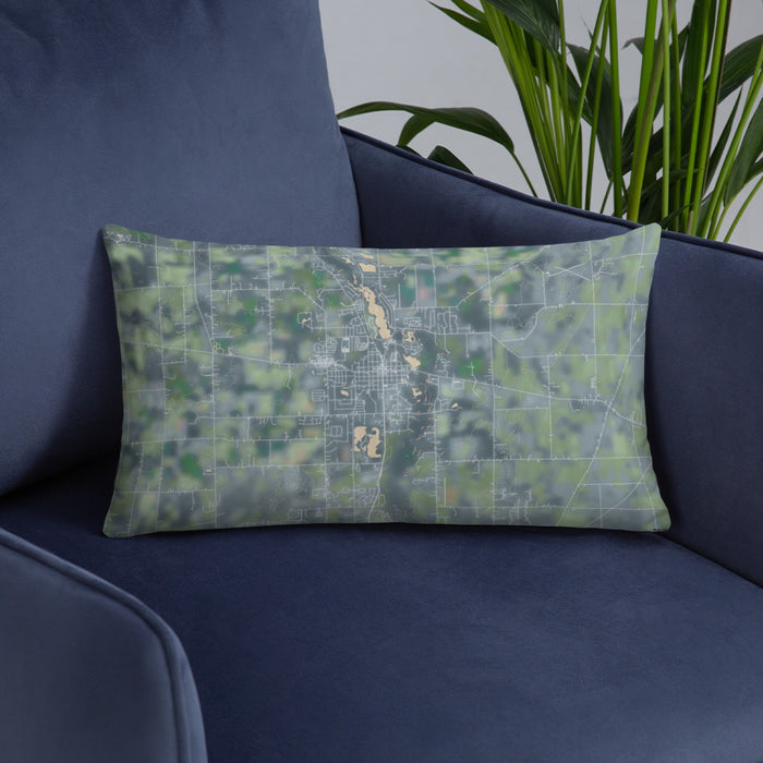 Custom Tecumseh Michigan Map Throw Pillow in Afternoon on Blue Colored Chair