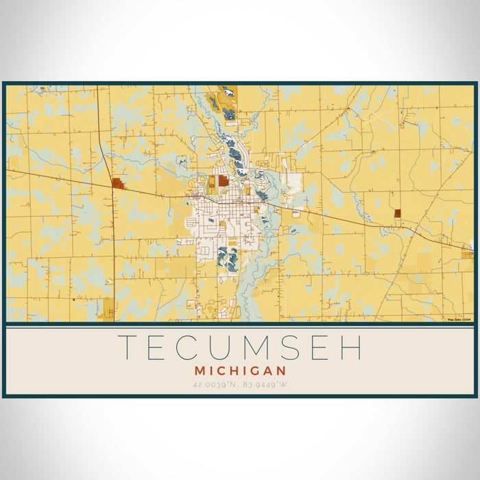 Tecumseh Michigan Map Print Landscape Orientation in Woodblock Style With Shaded Background