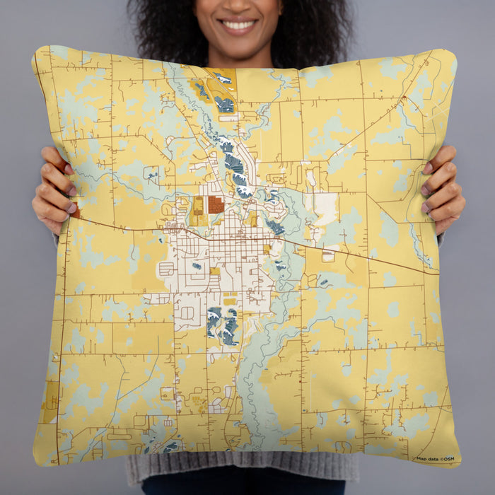 Person holding 22x22 Custom Tecumseh Michigan Map Throw Pillow in Woodblock
